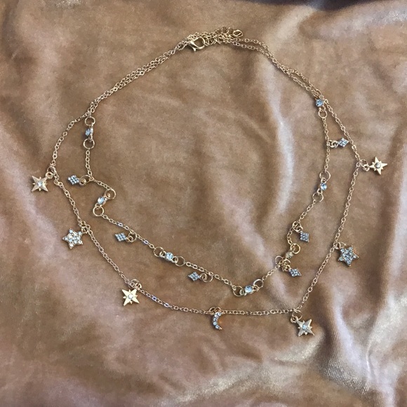 Star Moon Rhinestone charm layer gold necklace βοΈ - Picture 3 of 7
